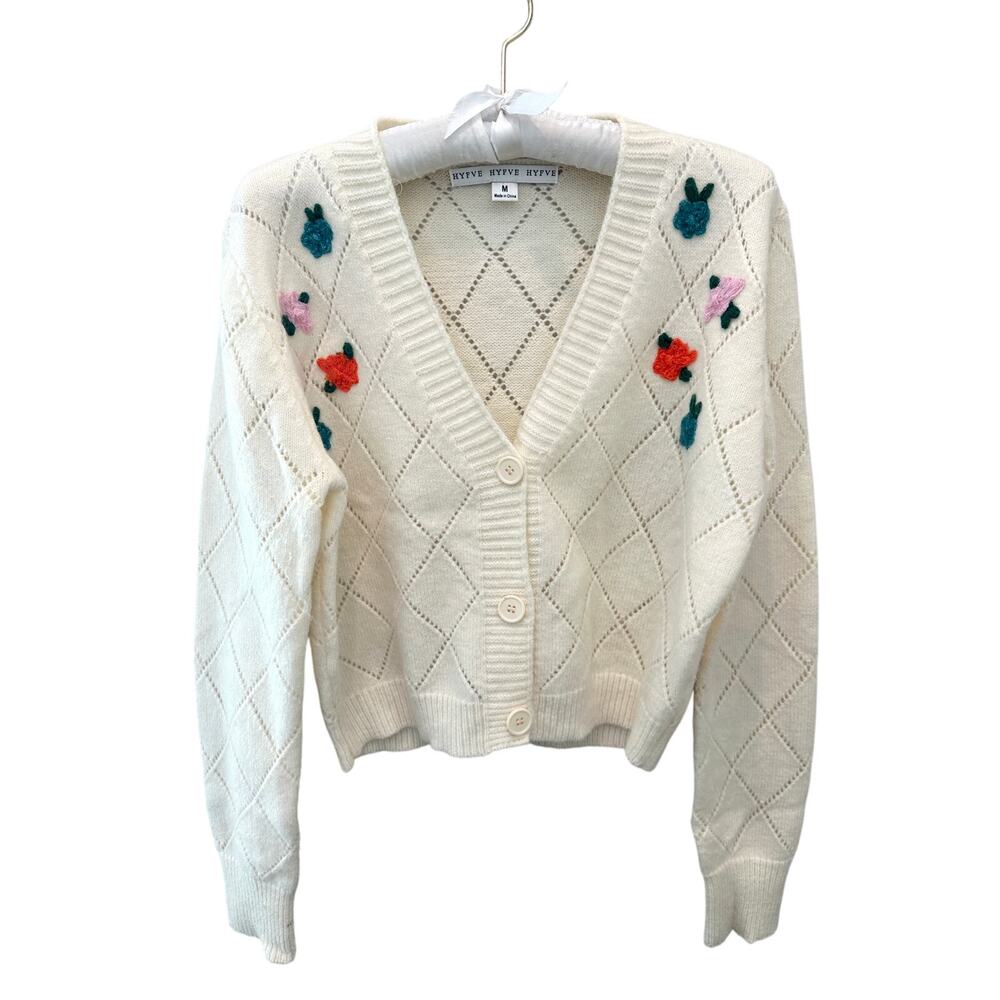 HYFVE Cream Floral Crochet Cropped Cardigan Sweater Cottagecore | Medium